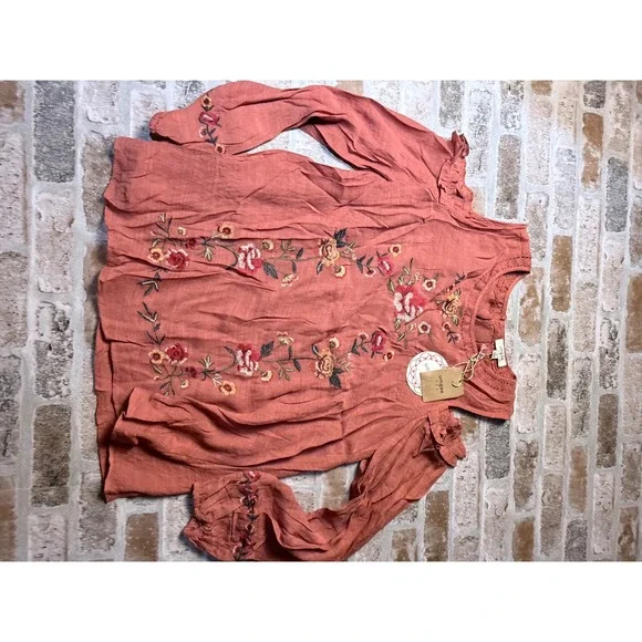 Umgee Womens Embroidered Cold Shoulder Blouse Rust Terracotta Boho Top New - Picture 1 of 5